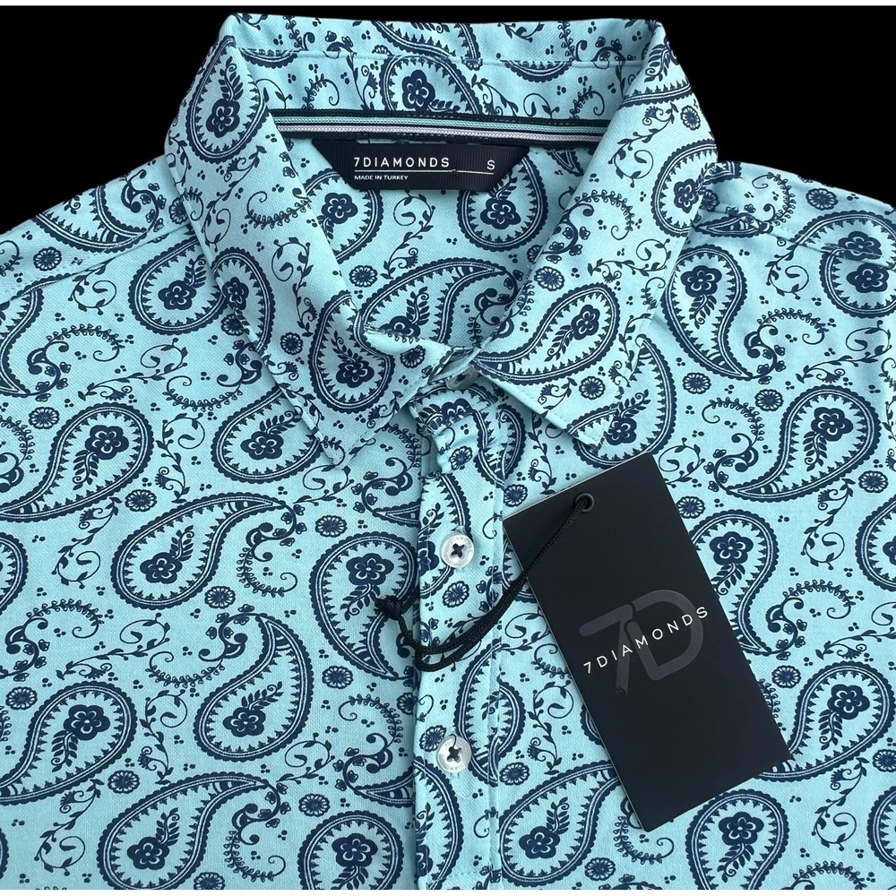 7 Diamonds Men's Aqua/Navy Palmer Pima Cotton Polo Golf Shirt Paisley Small